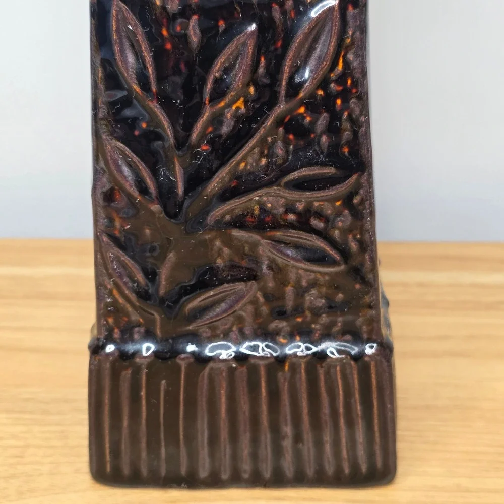 Ceramic Pillar Candle‎ Holder 11in Metallic Dark Brown Embossed Floral Tapered